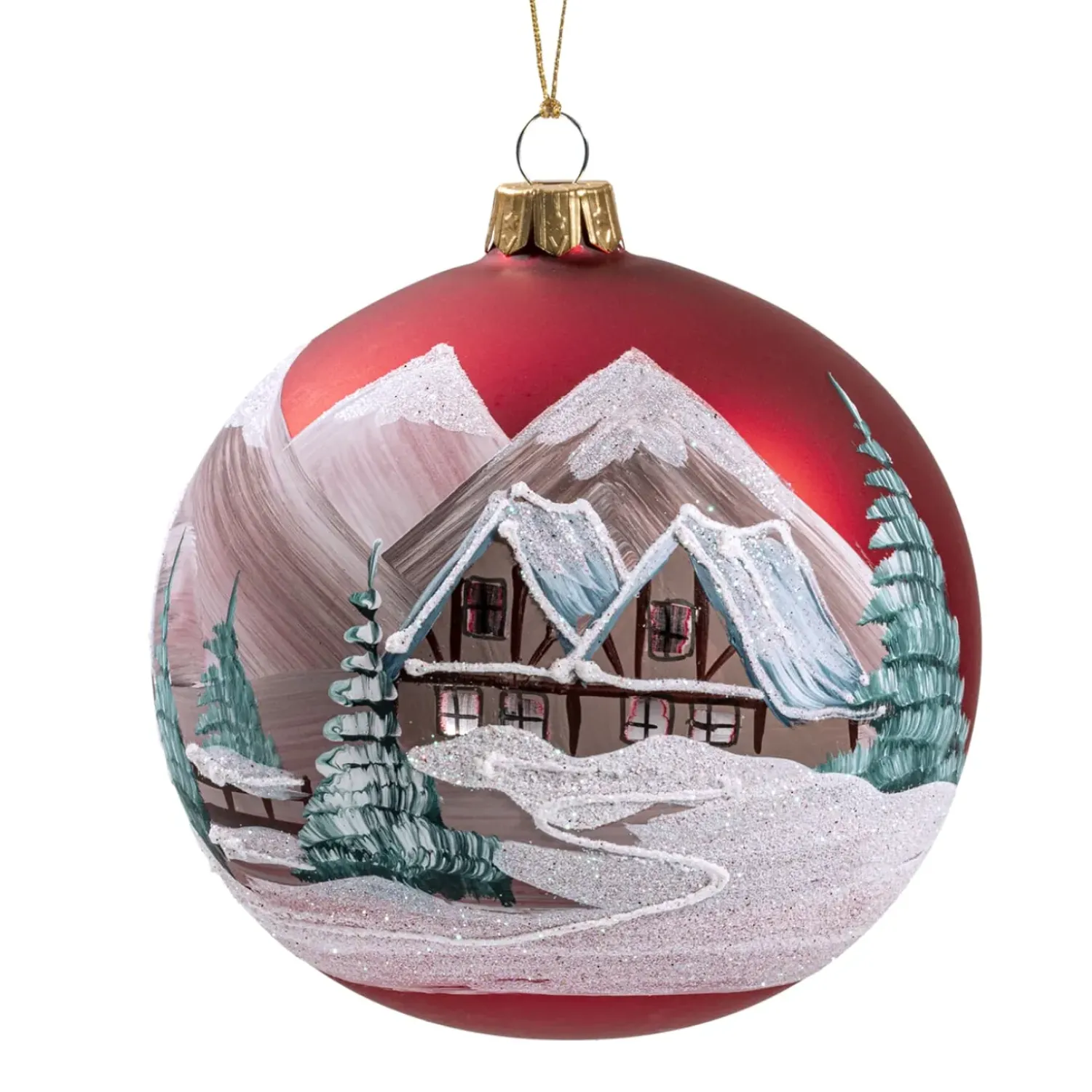 Käthe Wohlfahrt Glaskugel Rot Matt Berglandschaft, 8 Cm